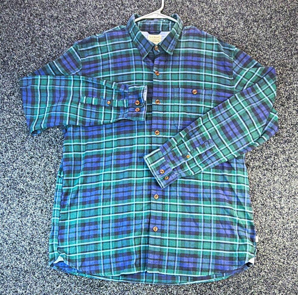 L.L.Bean Men's LT Tall Green Blue Flannel Plaid L/S Button-Down Button-Up